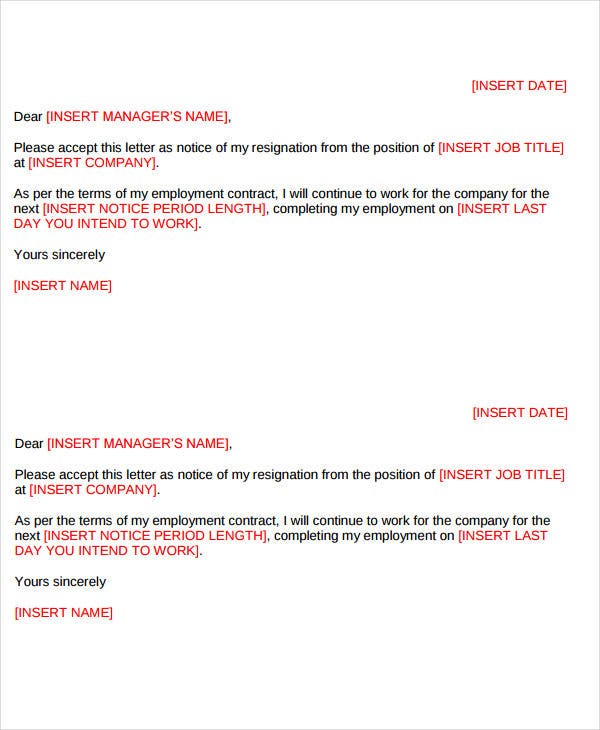 short resignation template